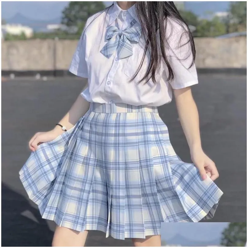 clothing sets japanese school girls high waist pleated skirts blue plaid women dress long/short sleeve jk uniform