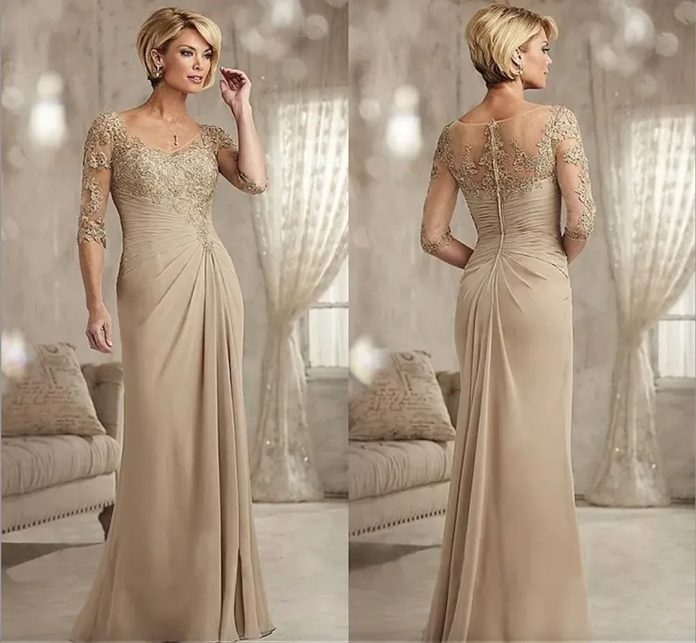 Champagne Mother of The Bride Dresses Plus Size 2023 Chiffon Half Sleeves Groom Godmother Evening Dress For Wedding New Beaded Lace