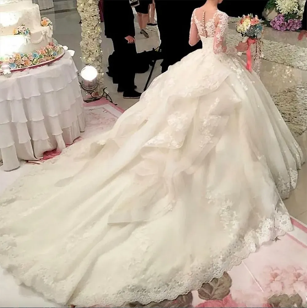 Vintage Lace Appliques Long Sleeve Plus Size Tulle Wedding Dress