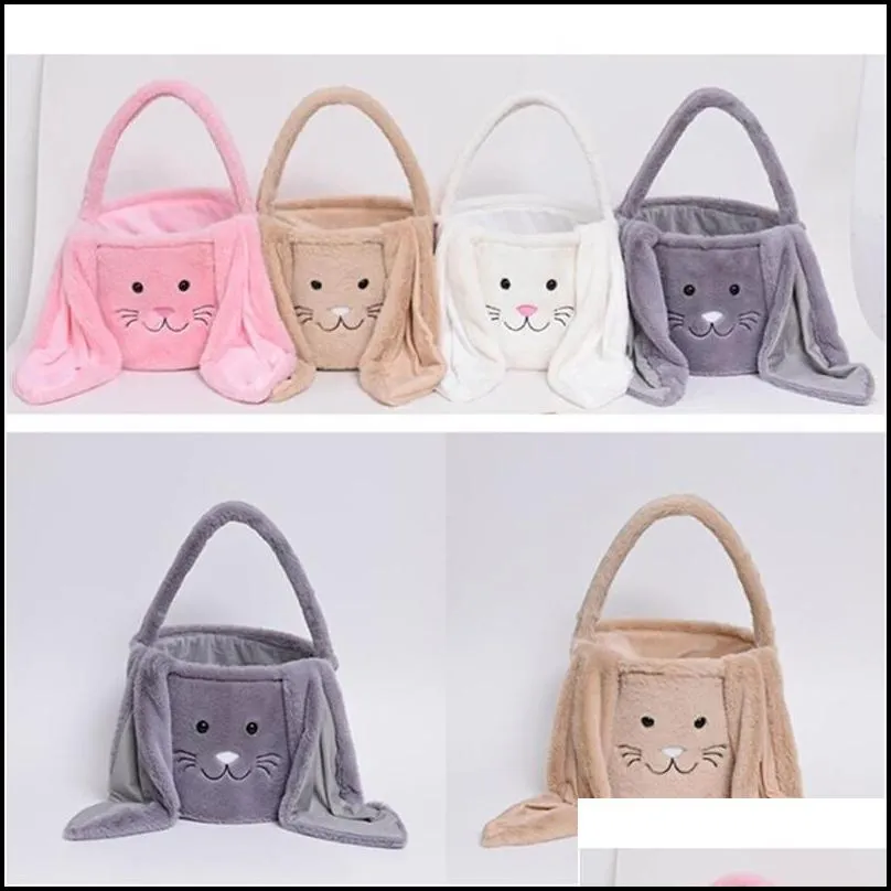 wholesale long ear easter bag festive soft plush easter bunny basket cute rabbit face bucket outdoor portable shopping handbag