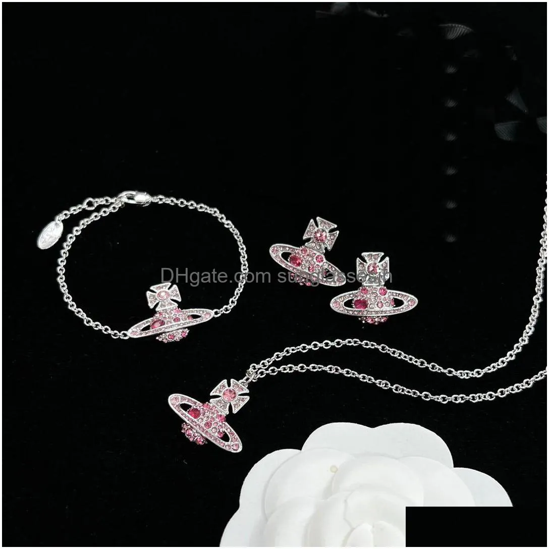 luxurious designer jewelry sets ladies necklaces bangle ear studs necklace bracelets earring with blue pink white crystal diamonds planet pendant western queen