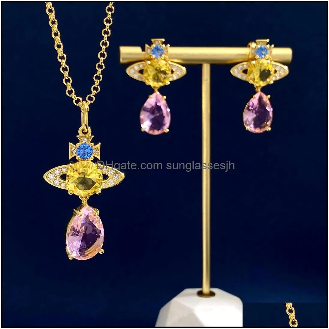 luxurious designer jewelry sets ladies necklaces ear studs necklace earring with blue pink white crystal diamonds planet pendant western queen