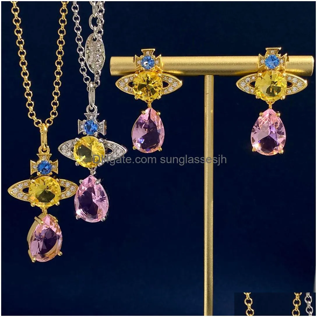 luxurious designer jewelry sets ladies necklaces ear studs necklace earring with blue pink white crystal diamonds planet pendant western queen