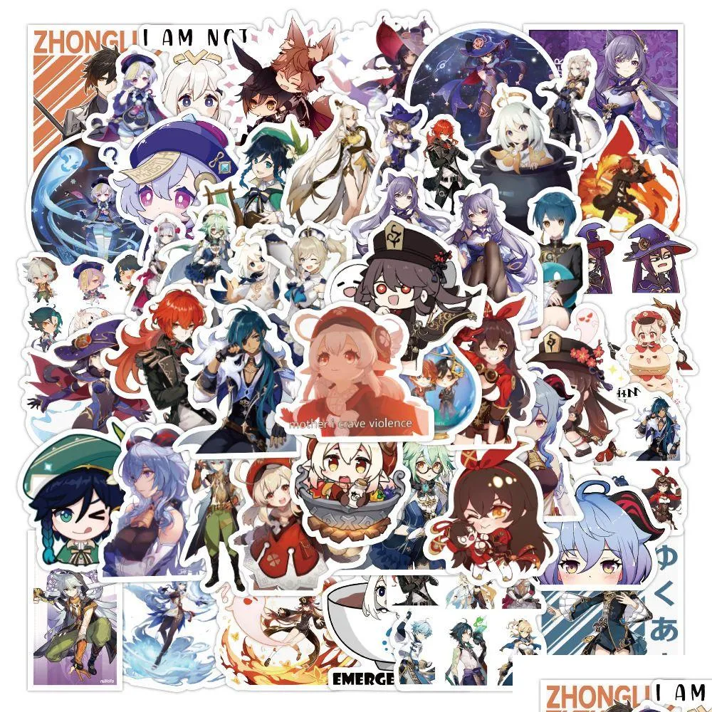 car sticker 10/50/100pcs cartoon genshin impact open world game stickers anime for laptop phone case car bike kids teens mixed vinyl