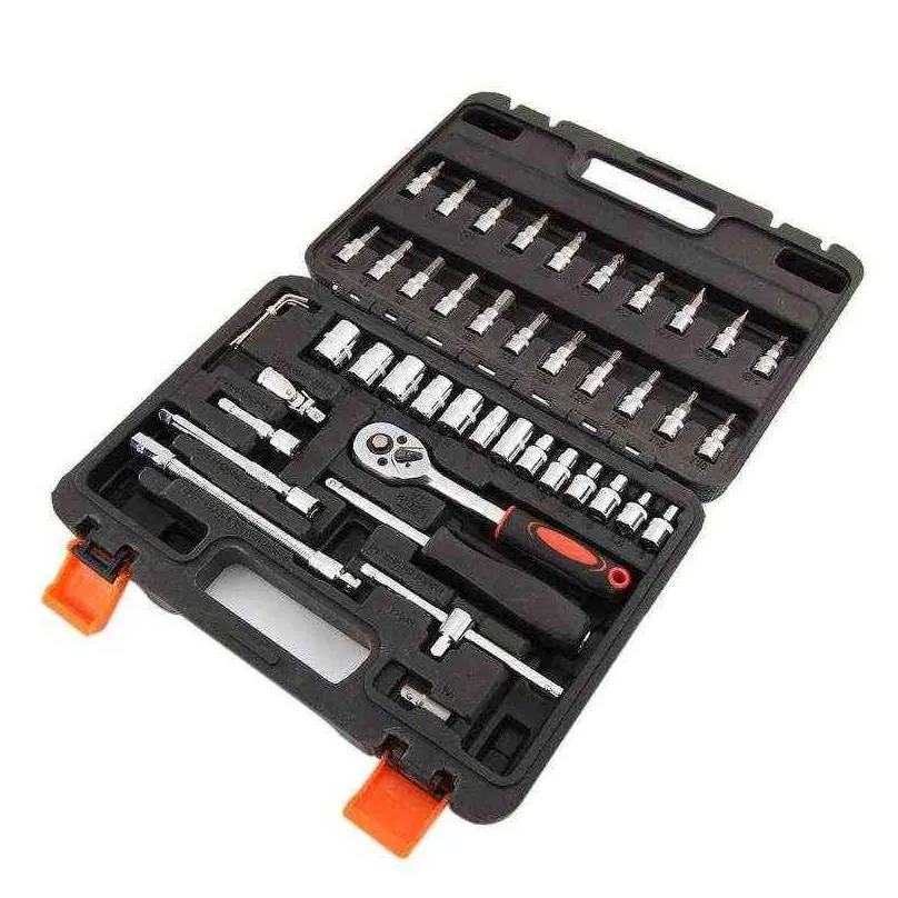 46pcs tool sets car repair tool kit wrench set head ratchet pawl socket spanner screwdriver professional metalworking tool kit h220510