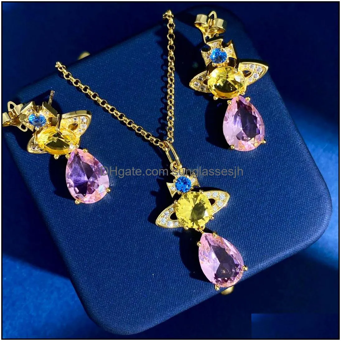 luxurious designer jewelry sets ladies necklaces ear studs necklace earring with blue pink white crystal diamonds planet pendant western queen