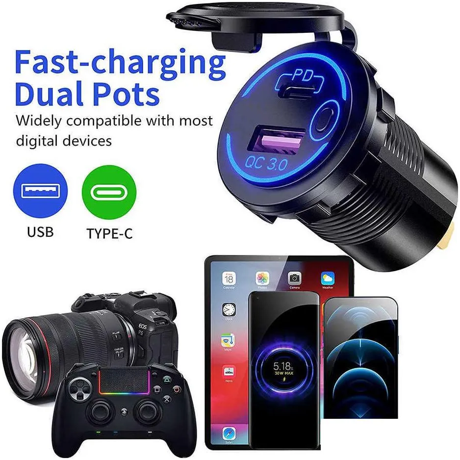 car truck 12v/24v suv rv atv  socket usb type c pd qc 3.0 quick  with switch usb car  for iphone laptop