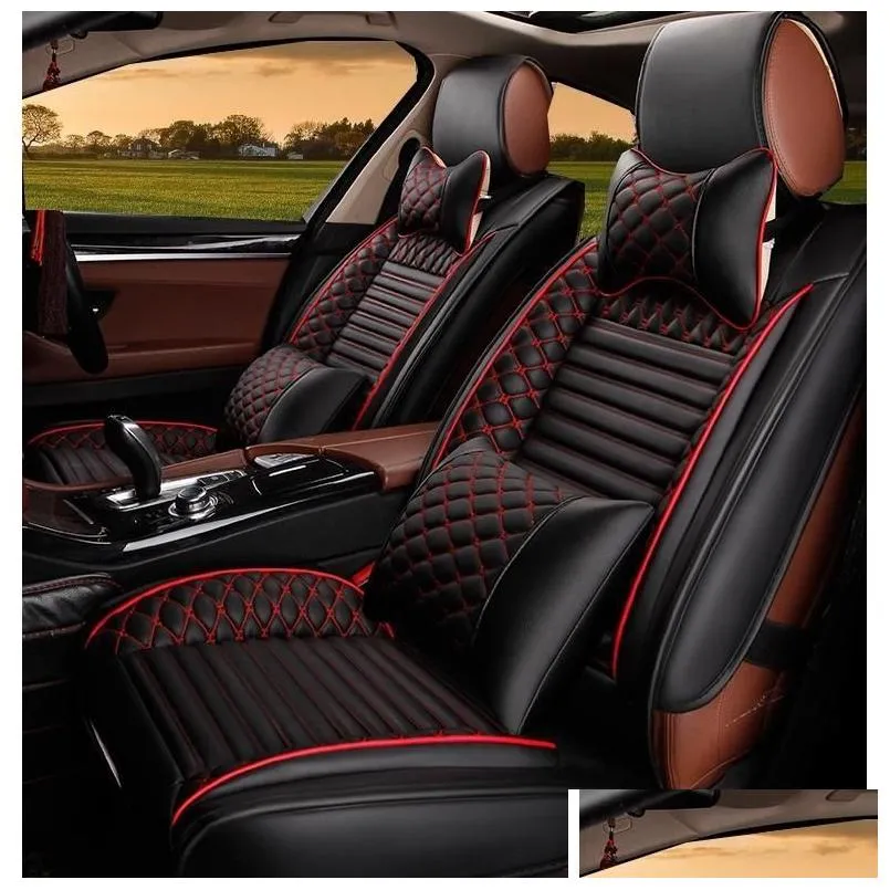 autocovers universal fit car accessories seat cover sedan full set design durable pu leather adjuatable 5seats covers with headrests pillows cushion for