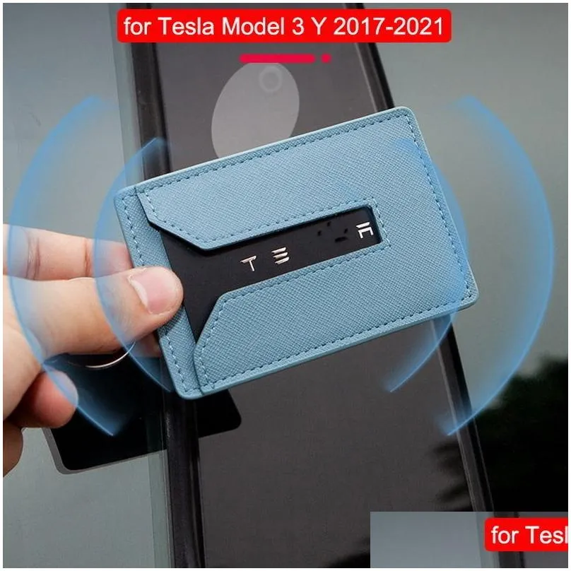 2021 car leather key card holder for tesla model 3 y protector cover accessories black red keychain fob case bag model3 three