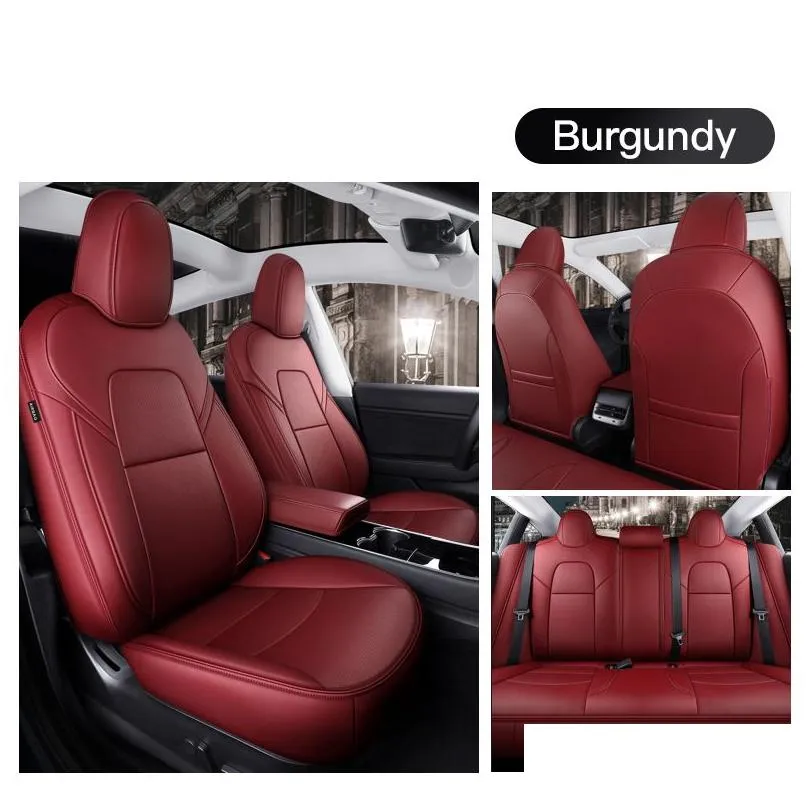 car accessories seat cover for tesla model y/s high quality leather custom fit 5 seaters cushion 360 degree full covered model 3 only made tesla burgundy