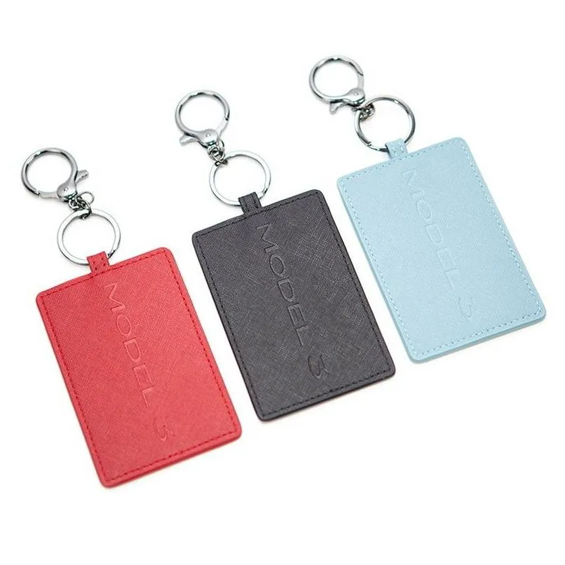 2021 car leather key card holder for tesla model 3 y protector cover accessories black red keychain fob case bag model3 three