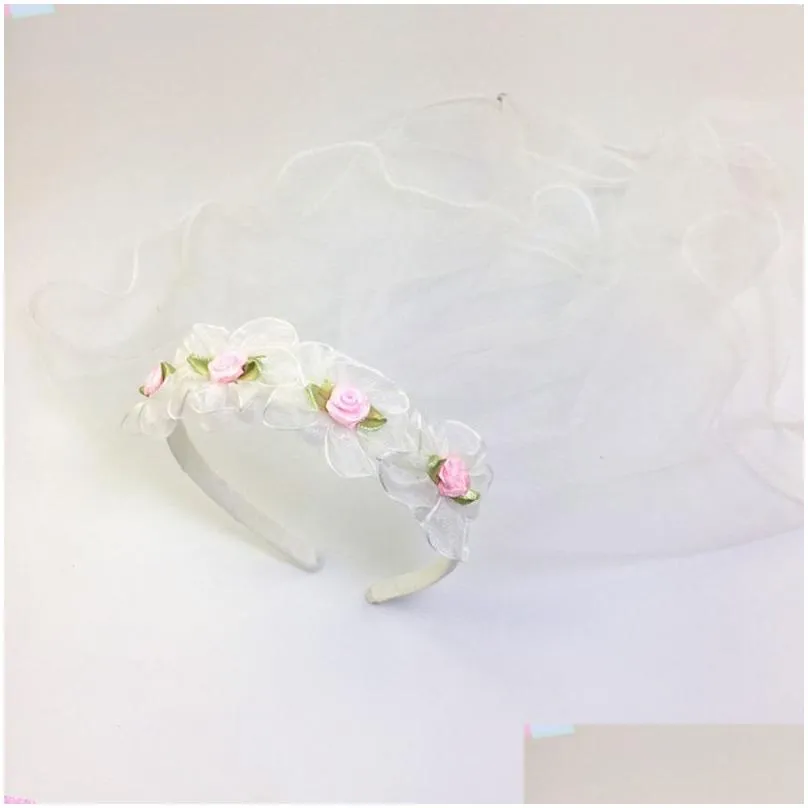 girls wedding agaric mesh veil headband glitter trim artificial flower wreath crown hair hoop first communion headband1