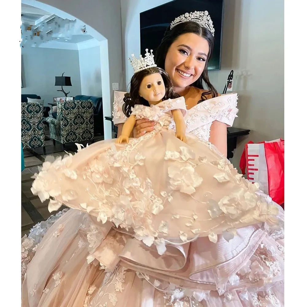 2023 Blush Pink Quinceanera Dresses Ball Gown Off Shoulder Lace 3D Floral Flowers Beads Plus Size Sweet 16 Corset Back Formal Party Prom Evening Gowns