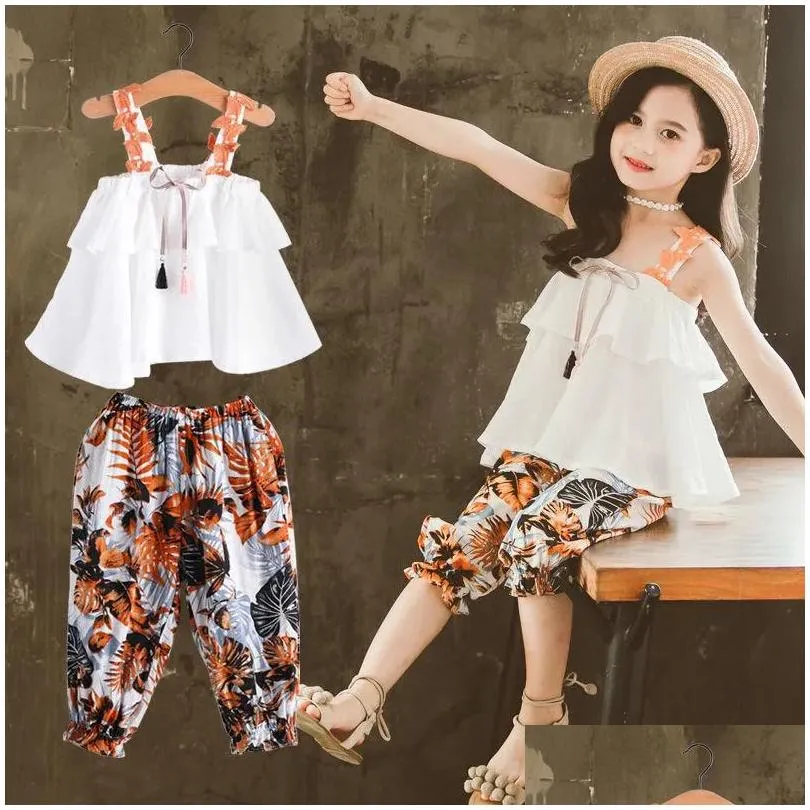 teenager girl clothes summer kids fashion sling tops floral pants two piece set children suit girls outfits 4 5 8 9 10 12 years clothing