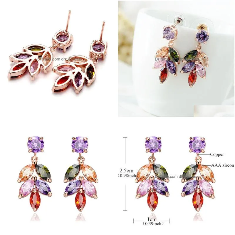 colorful zircon leaf earrings rose gold color flower shape zircon water drop pendant drop earrings for women bridal wedding jewelry