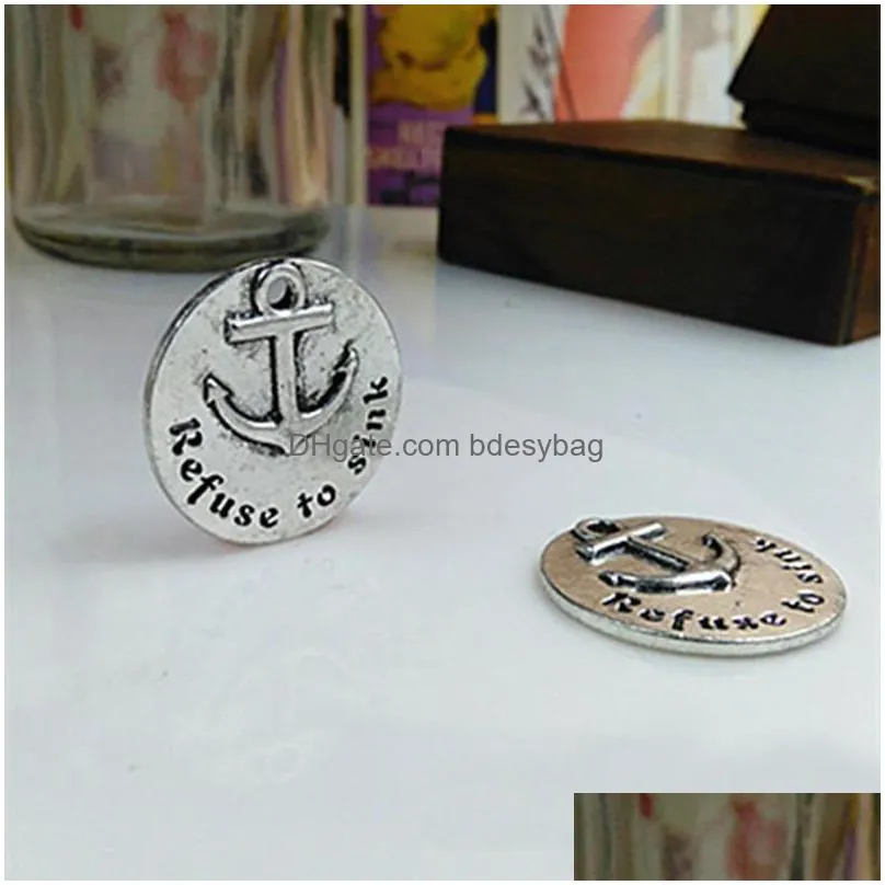 100pcs refuse to sink charm pendant 25mm pendant engraved antique silver for diy craft jewelry making