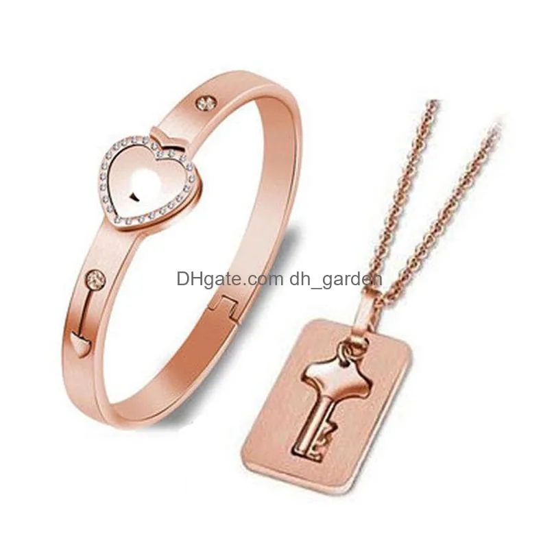 couple lovers jewelry love heart lock bracelet stainless steel bracelets bangles key pendant necklace valentines day gifts