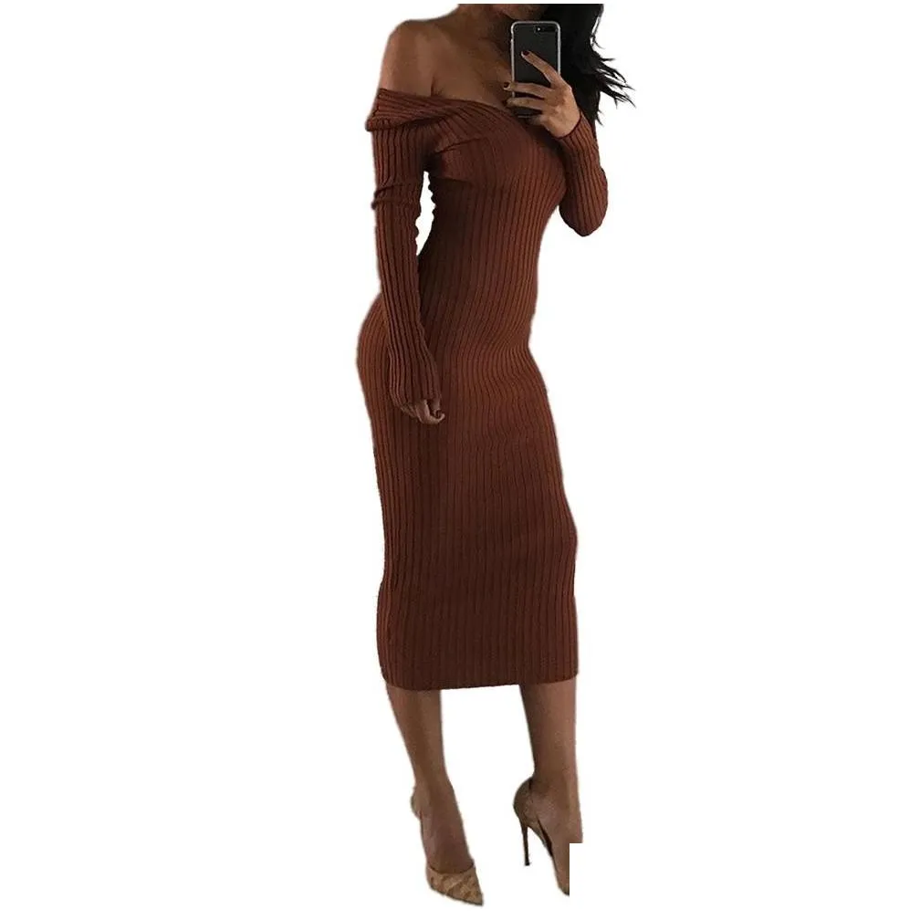 dresses women autumn knitted sweater bodycon stretchy femme robe long sleeve off shoulder sexy black white midi dress vestidos