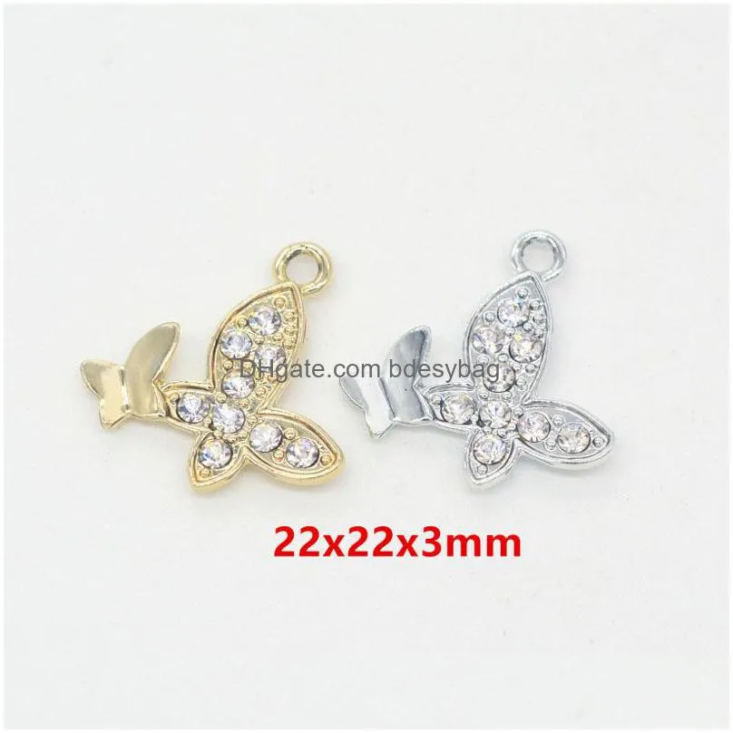 bulk 100pcs/lot rhinestone butterfly charms pendant 22x22mm gold silver plated good for diy craft jewelry making