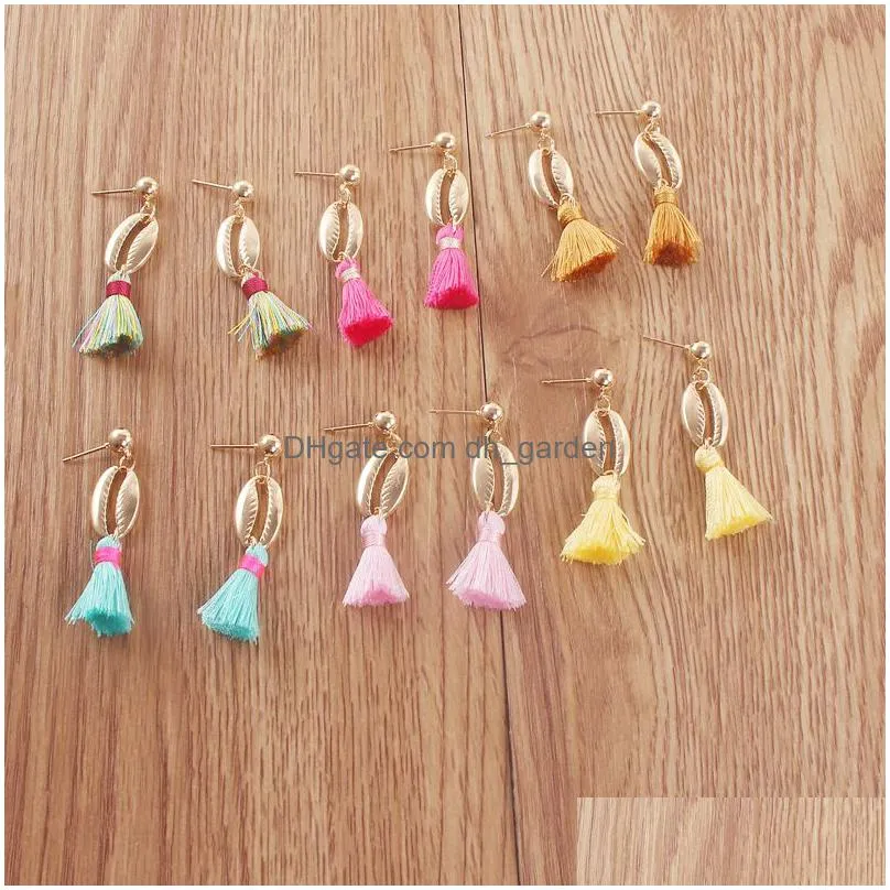 new bohemian shell tassel earrings colorful silk fabric alloy shell shape long drop dangle earring for women jewelry gifts