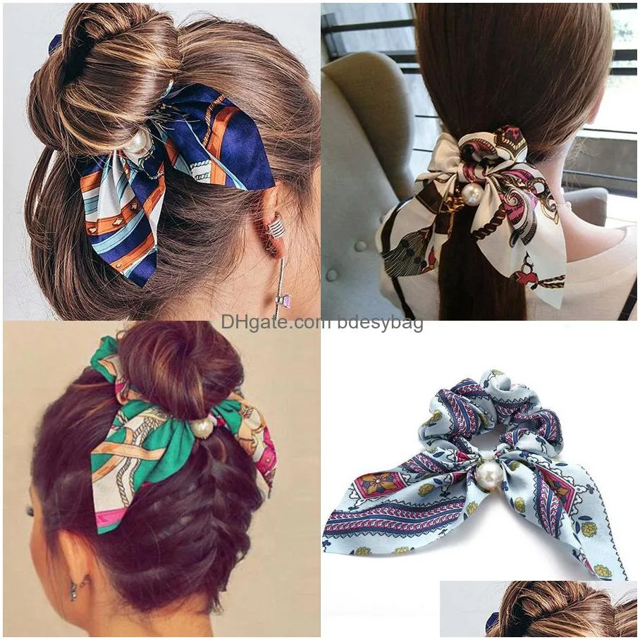 bohemian chffion hair scrunchies fashion big bow women pearl ponytail holder tie hair elastic rubber bands hair accessories