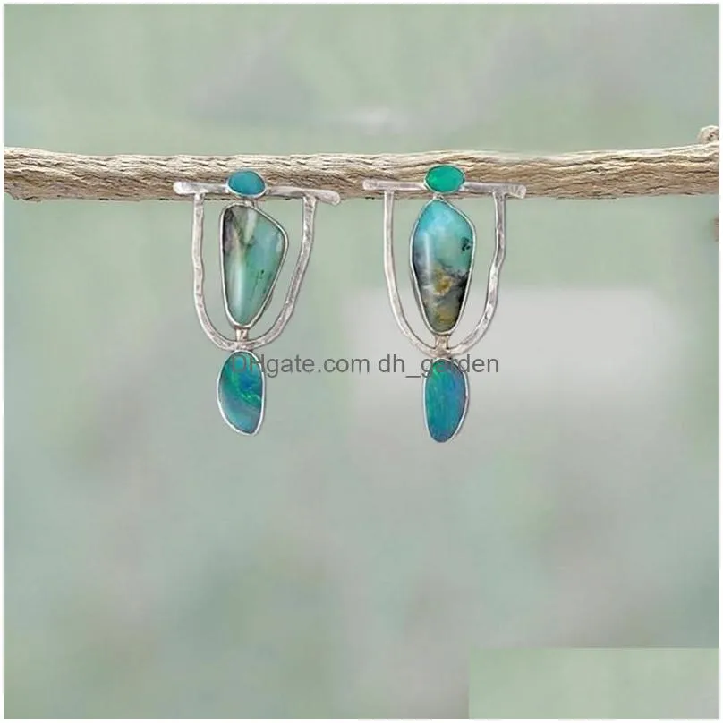 fashion vintage ethinic green resin stone drop earrings for women silver color natural bohemian dangle earring wholesale jewelry
