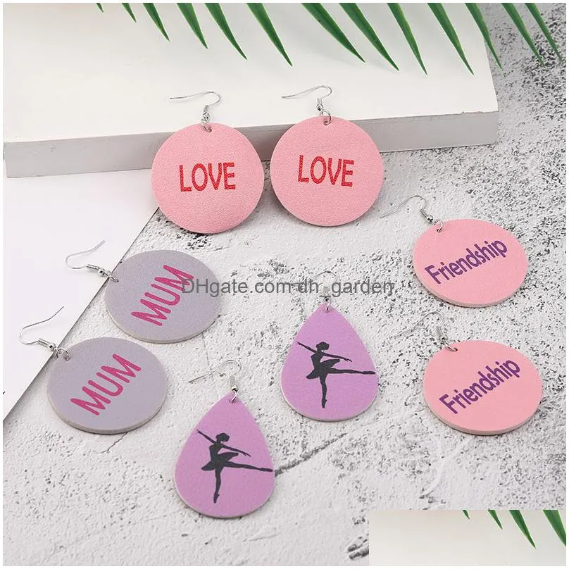 new design pu leather earrings ballet friendship mum love printed round teardrop dangle earring for women girl party jewelry gift