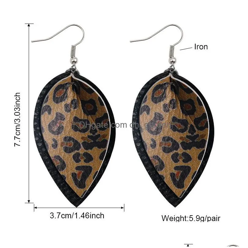 fashion designer leaf water drop pu leather earrings charm for women leopard stripes double layer dangle earrings party wedding jewelry