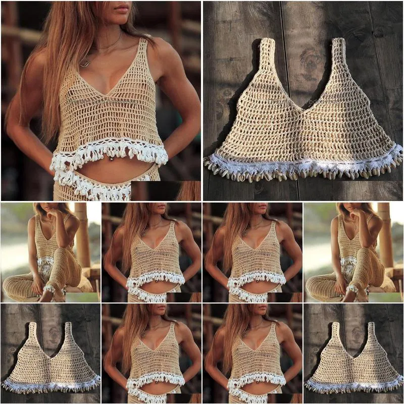 sarongs 2022 y hollow shell cover up bikini top handmade swimwear crochet hook tassels apricot sunscreen women