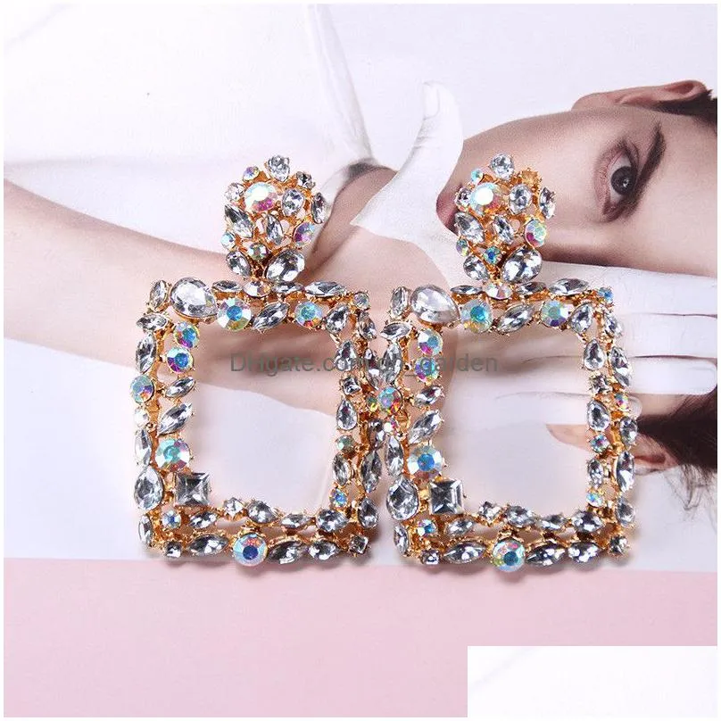 fashion big geometry earring crystal stone long dangle drop earrings for women gold color round square statement wedding party jewelry