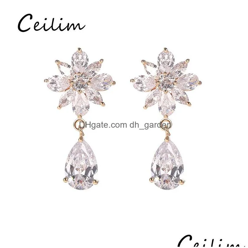 fashion designer cubic zirconia sun flower waterdrop dangle earrings for women bridal wedding chandelier ear earring party jewelry