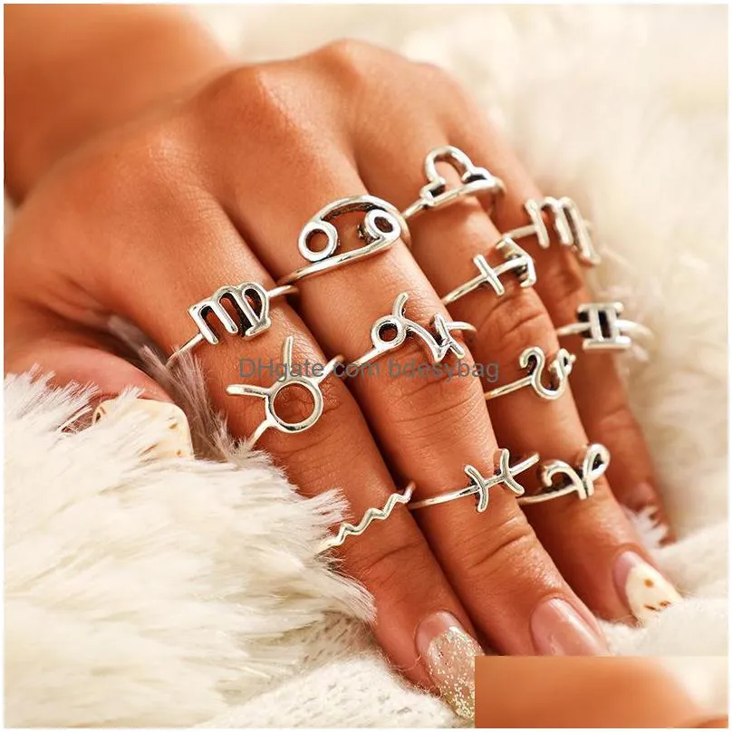 women vintage 12 constellations rings silver color finger couple ring set 2019 anillos female statement fashion jewelry