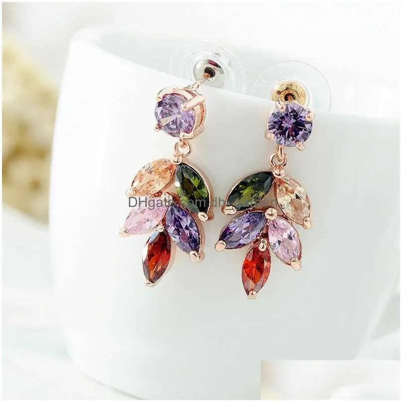 colorful zircon leaf earrings rose gold color flower shape zircon water drop pendant drop earrings for women bridal wedding jewelry