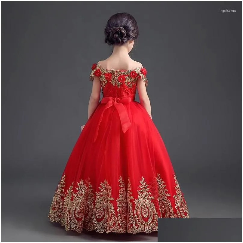 girl dresses red formal floor length flower dress with gold applique lace long princess brithday 3d flowers kids ball gown