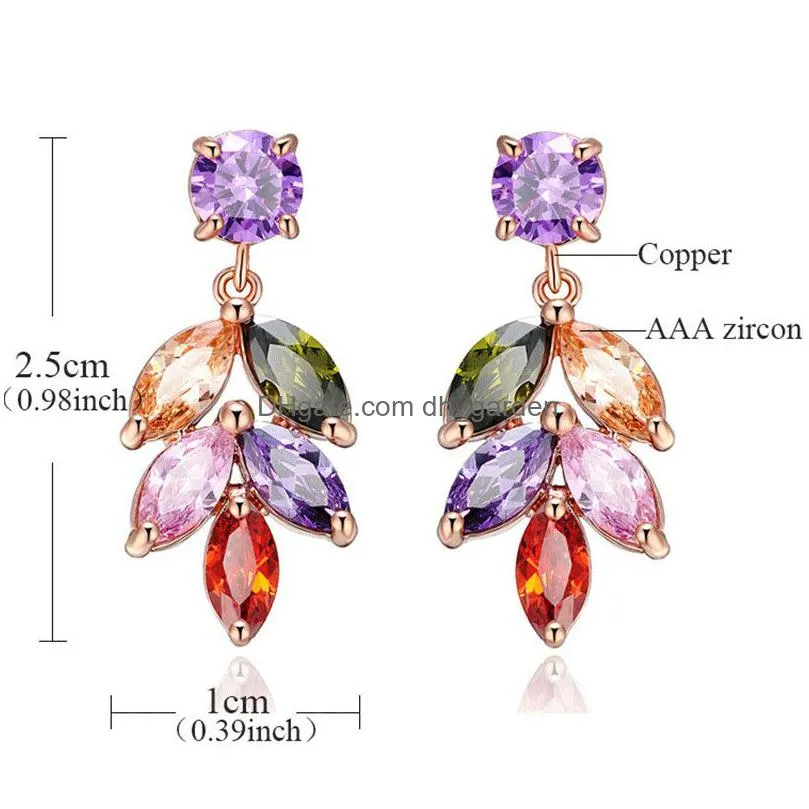 colorful zircon leaf earrings rose gold color flower shape zircon water drop pendant drop earrings for women bridal wedding jewelry