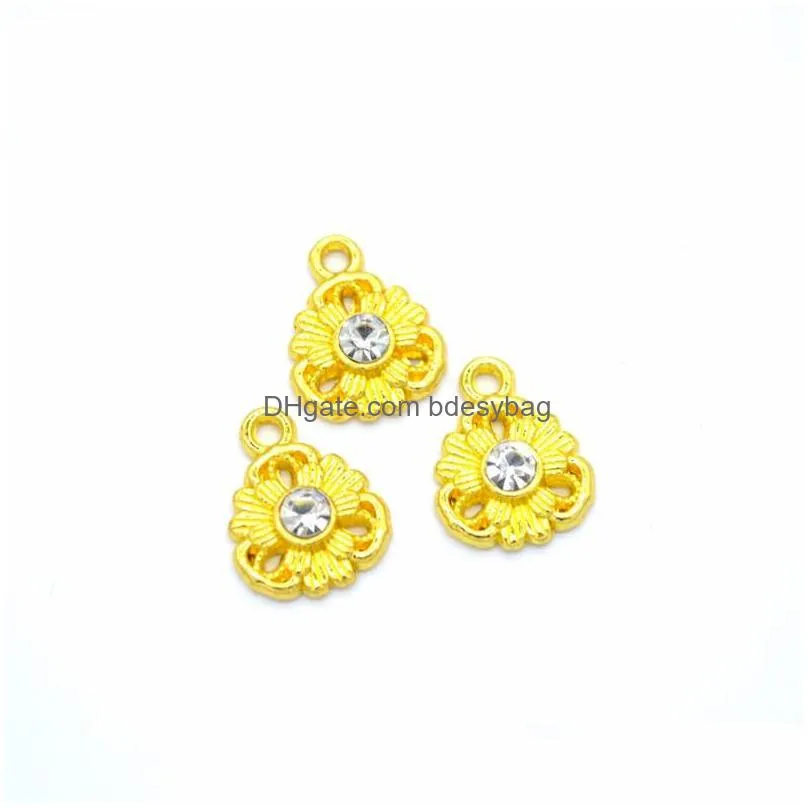 bulk 300pcs flower shape charms gold plated with white and red rhinestone good for necklace bracelet craft making 13x10mm