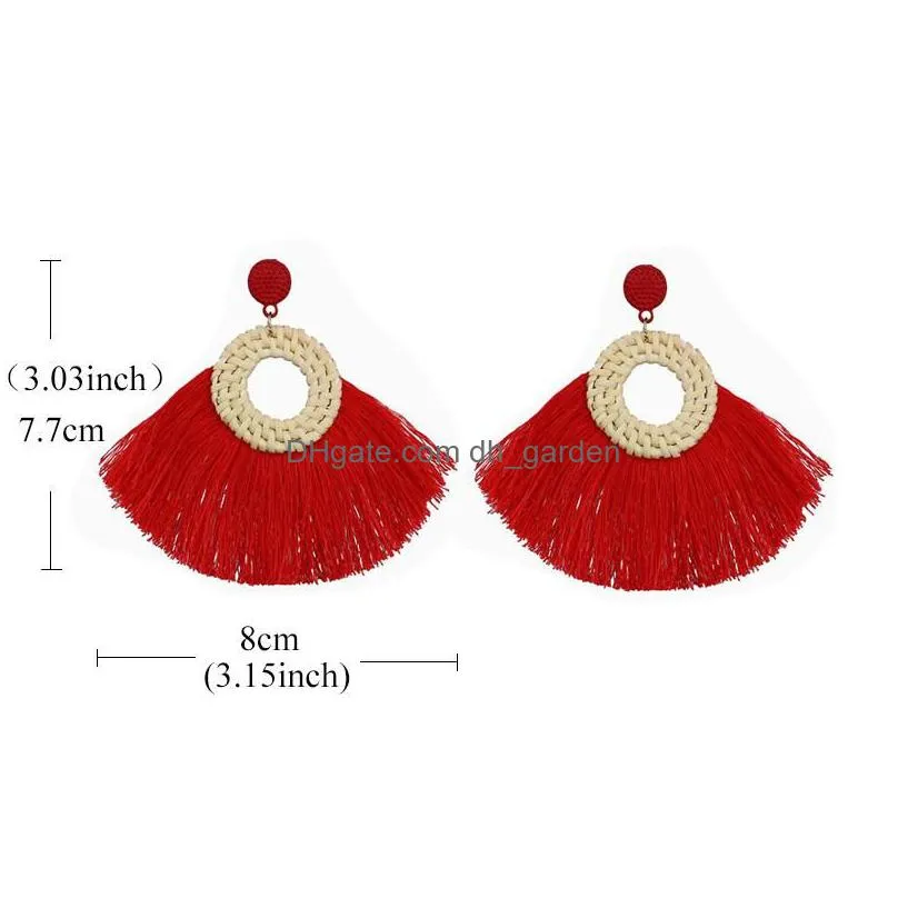 circle fan shaped straw tassel earrings for women straw weave rattan braid tassel earrings dangle earings bohemian jewelry