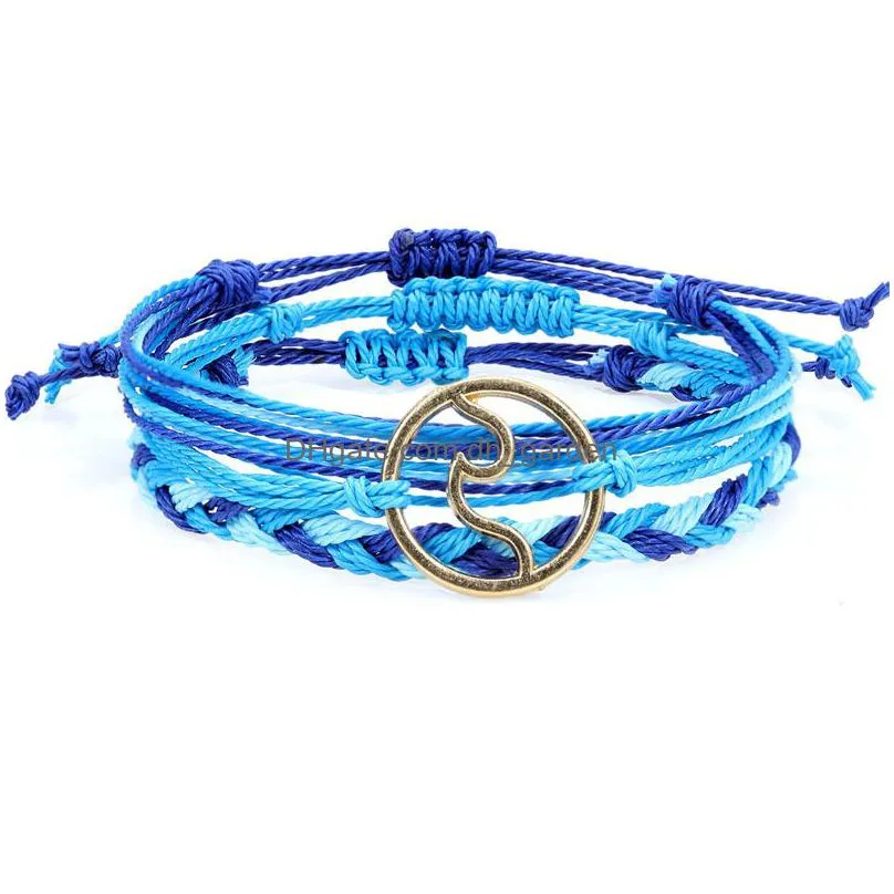 new 3pcs/set waterproof wax rope handmade woven bracelet for woman men lover fashion colorful braided rope wave shape charm bracelet