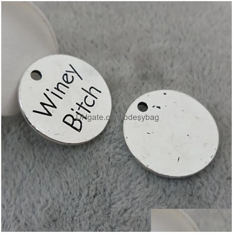 100pcs/lot 25mm gunmetal plating metal carved message winey bitch charms pendant for diy jewelry making