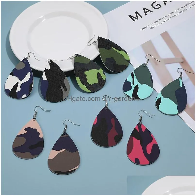 fashion camouflage painted pu leather teardrop dangle earrings for women fashion desiger military soft faux leather water drop