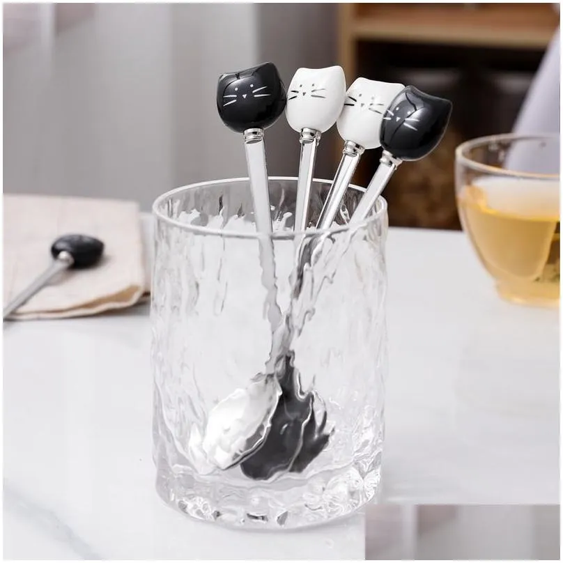 lovely cartoon white black cat ceramic handle spoon stainless steel stirring coffee spoon fork wedding favors