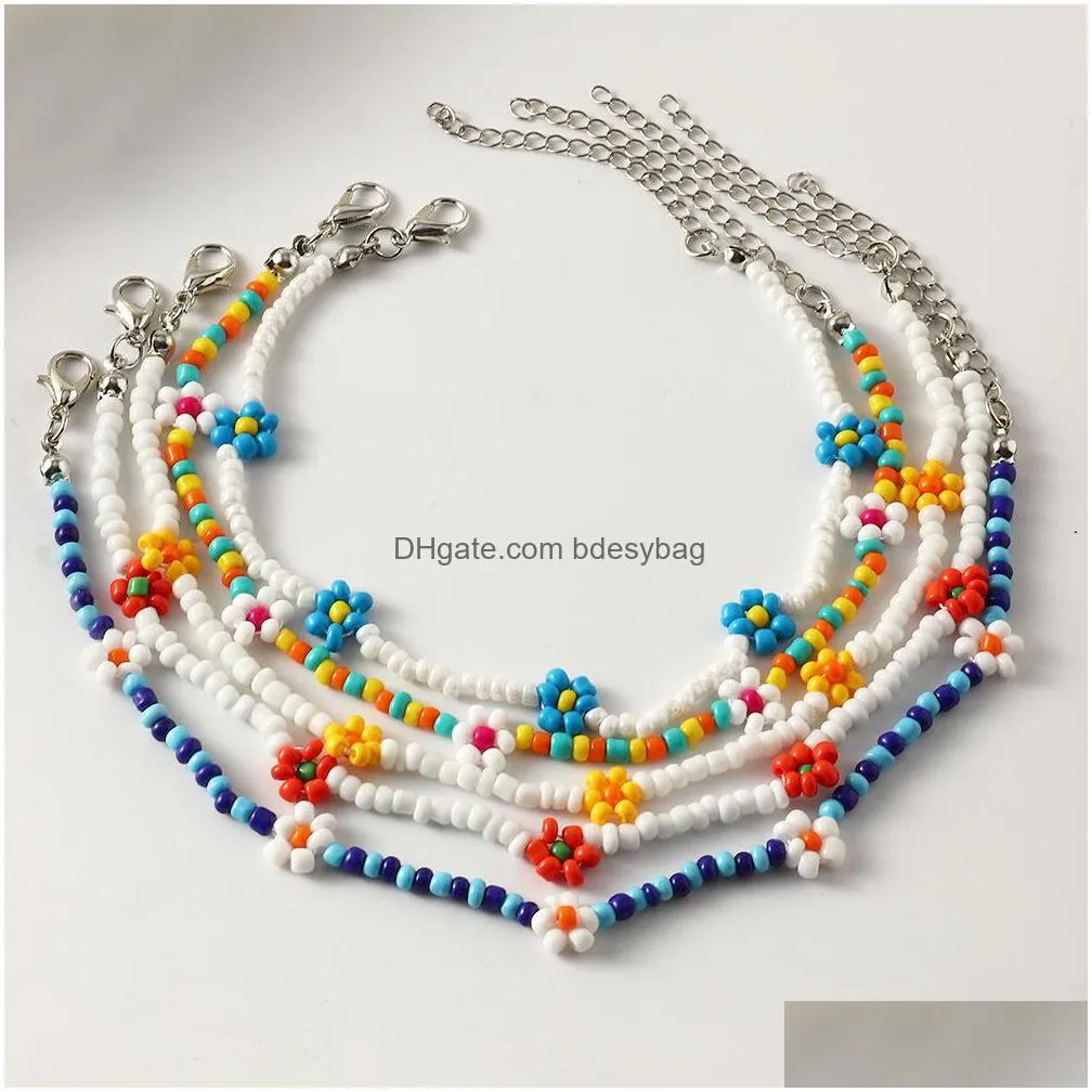 2021 new cute flower daidy bead anklet bracelet for women bohemian colorful handmade elastic strech anklet jewelry gift