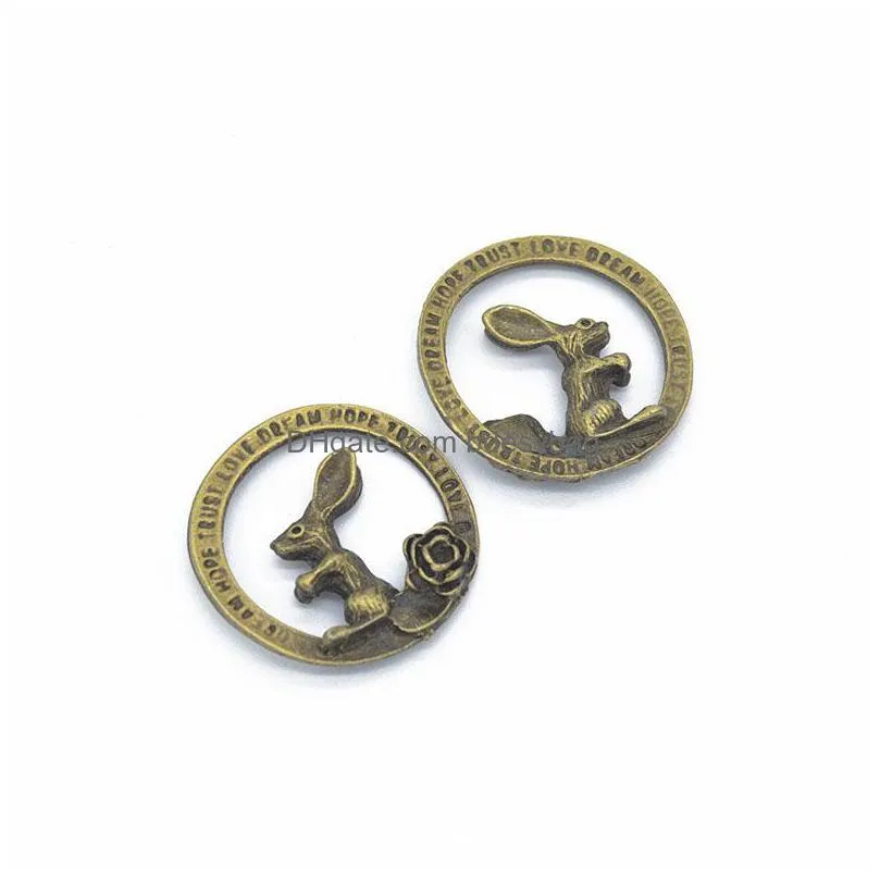 100 pcs antique bronze silver round charms letter rabbit charms rose flower charms hope trust love dream 33mm