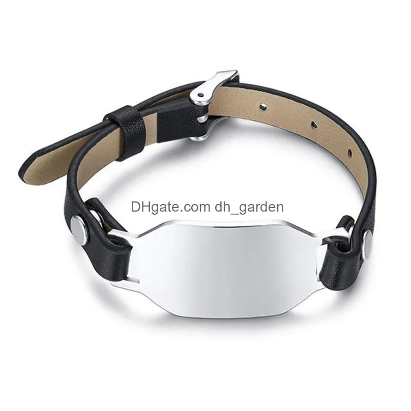 diy dog tag bracelet custom engraved personalized 316l stainless steel blank bar adjustable leather bracelet mens bracelet