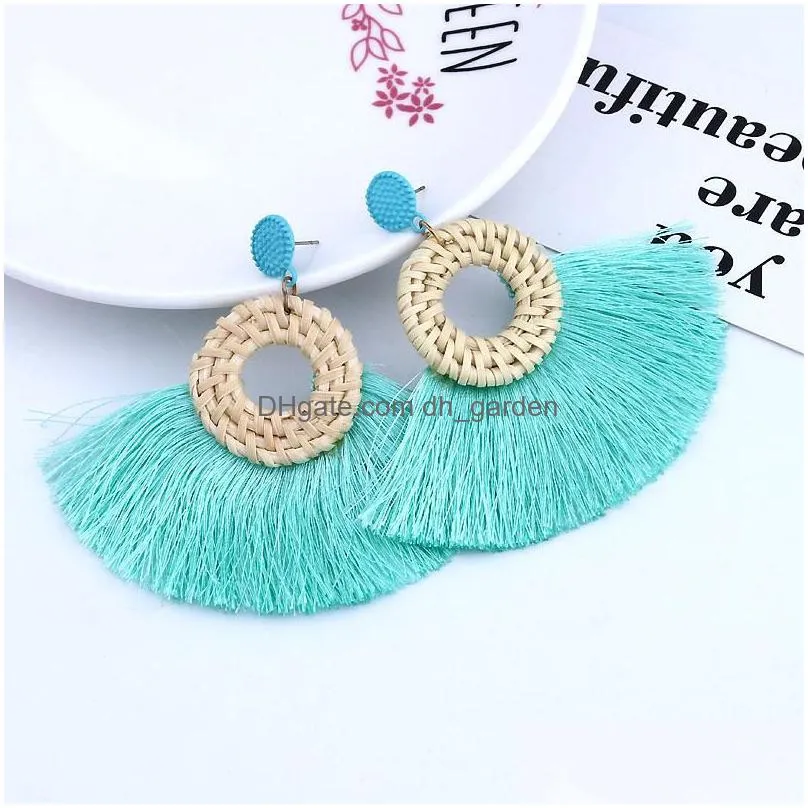 circle fan shaped straw tassel earrings for women straw weave rattan braid tassel earrings dangle earings bohemian jewelry