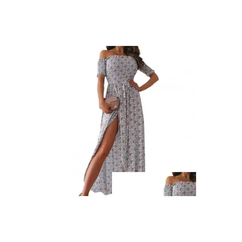 casual dresses women dress off shoulder floral print slim high split short sleeve flowy hem maxi streetwear 2xl