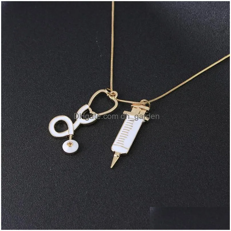 fashion medical jewelry stethoscope syringe pendant charms necklace for women snake chain doctor nurses medicine school graduation