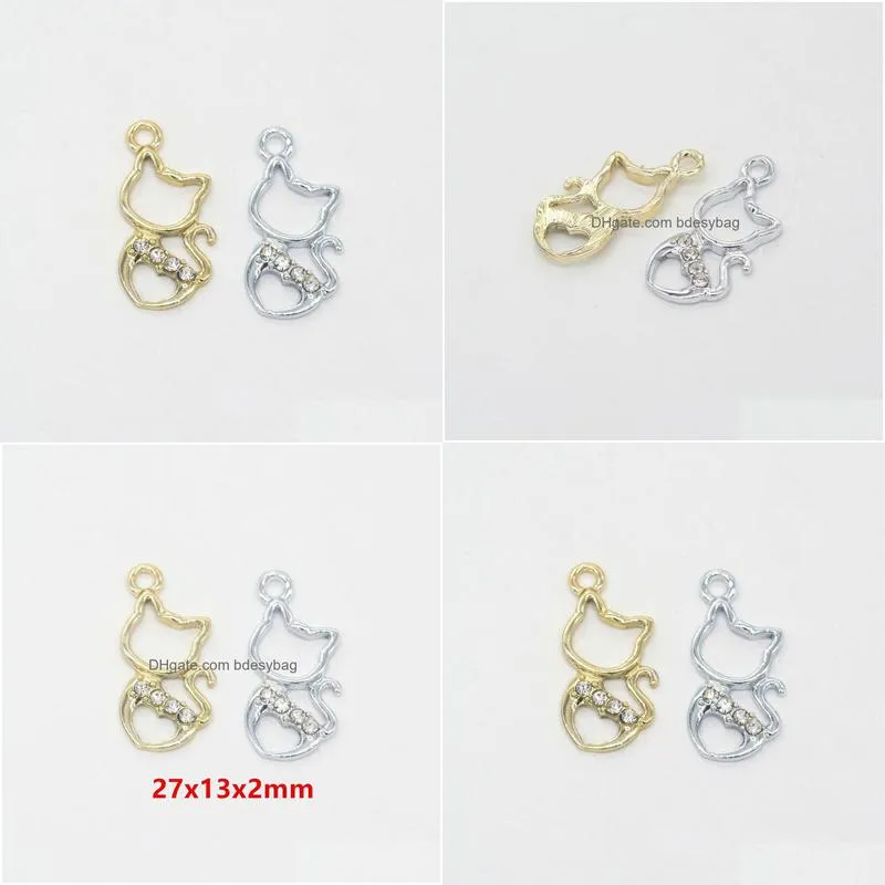 100pcs/lot rhinestone cute cat charms pendant 27x13mm gold silver plated good for craft jewelry making