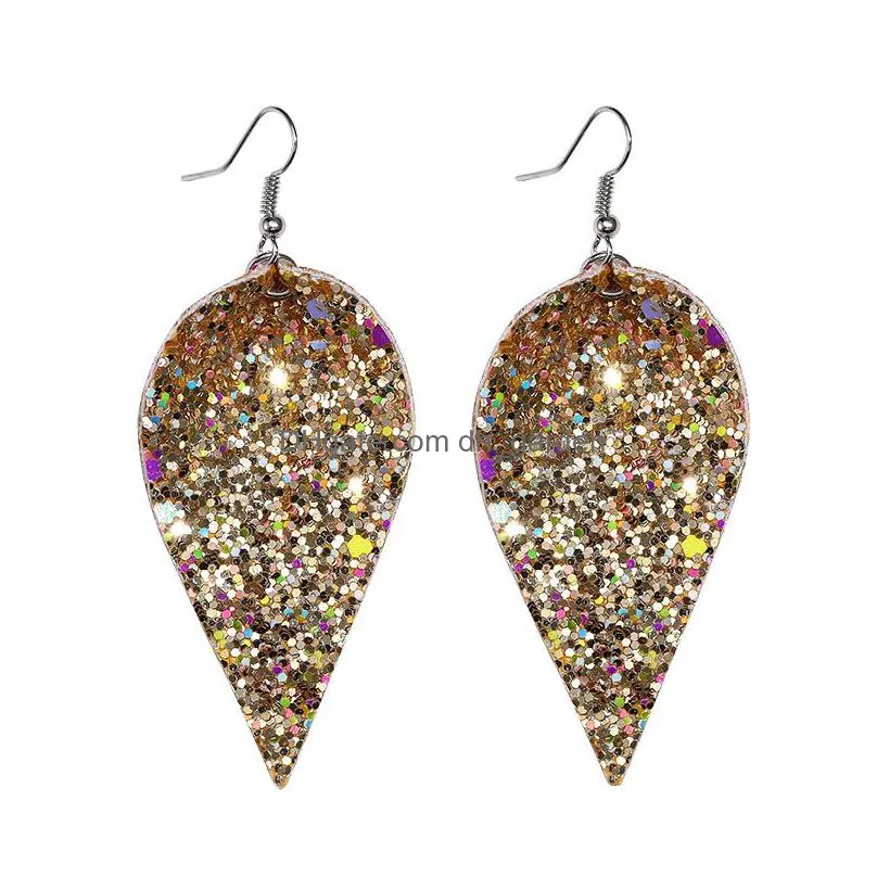 fashion sequins paillette glitter leaf pu leather earrings for women bling earrings brinco ear oval colorful designer jewelry christmas