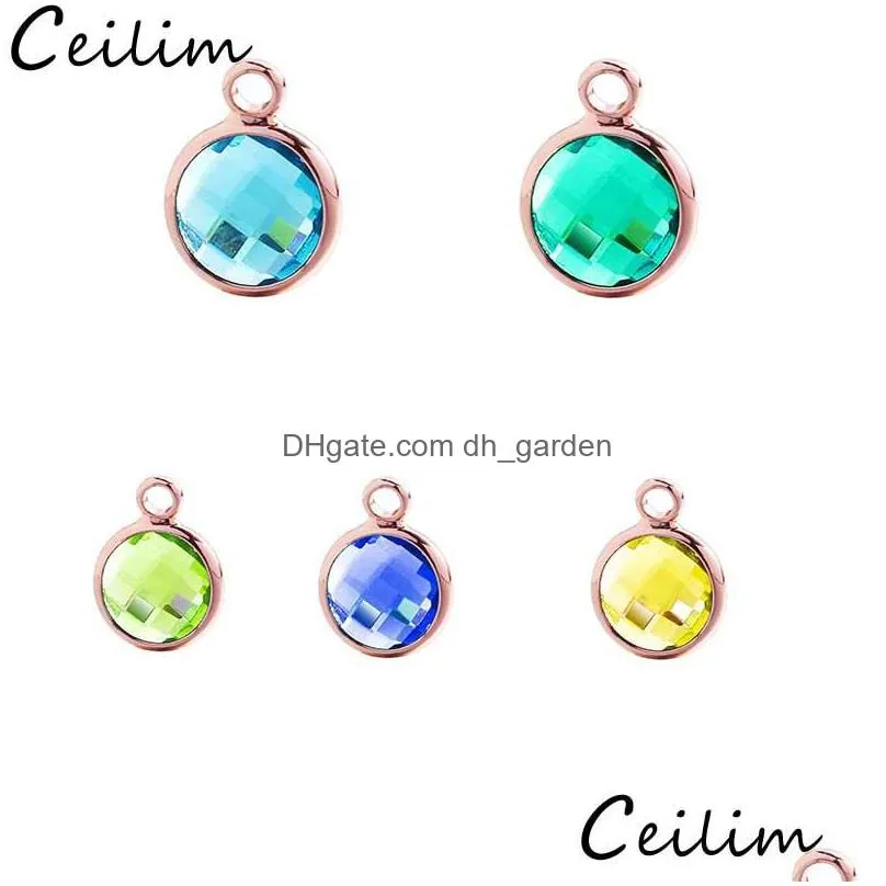 fashion crystal charm pendant copper metal rose gold color 12 birthstone rhinestones round 8.7mm for necklace bracelet diy jewelry